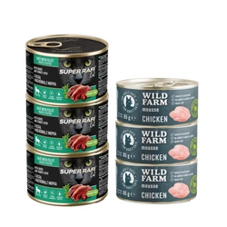 DOLINA NOTECI Super Rafi Cat P&F con oca e fegato di tacchino per gatti sterilizzati 3x185 g + WILD FARM Mousse Chicken 3x85g - mousse senza cereali per gatti