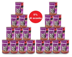 WHISKAS Cibo umido per gatti 1+ con manzo in salsa 24x400g