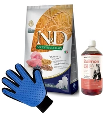 Farmina N&D Ancestral Grain canine LAMB & BLUEBERRY PUPPY MEDIUM & MAXI 12 kg & LAB V Olio di salmone per cani e gatti 1000ml + Guanto per pettinare il pelo di cane e gatto GRATIS!