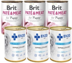 BRIT PATE & MEAT PUPPY 3x400g & ENZO VET Dieta ipoallergenica ipoallergenica con tacchino per cani 3x400g