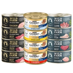 Purina Gourmet Gold mousse + WILD FARM Mix di sapori 8x85g + 4x70g