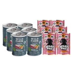 Dobry Pies Tacchino con albicocche e basilico 6x400g + Cibo per cani senza cereali Wild Farm Superfood Duck 6x400 g