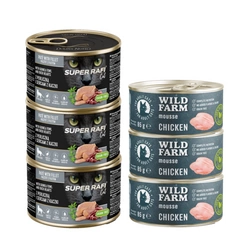 DOLINA NOTECI Super Rafi Cat P&F con faraona e cuori di anatra per gatti sterilizzati 3x185 g + WILD FARM Mousse Chicken 3x85g - mousse senza cereali per gatti
