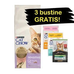 PURINA Cat Chow Alimento per gatti sensibili con salmone 15 kg + 3 bustine GRATIS!