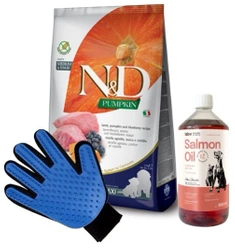 Farmina N&D Pumpkin Grain Free canine LAMB & BLUEBERRY PUPPY MEDIUM & MAXI 12kg & LAB V Olio di salmone per cani e gatti 1000ml + Guanto per pettinare il pelo di cane e gatto GRATIS!