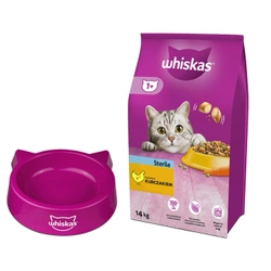 WHISKAS Cibo secco per gatti sterilizzati 1+ Sterile con pollo 14kg + CIOTOLA PER GATTI IN OMAGGIO!!!