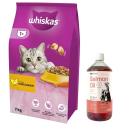 WHISKAS Cibo secco per gatti 1+ con pollo 7kg & LAB V Olio di Salmone per cani e gatti 1000ml