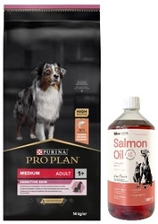 PRO PLAN Sensitive Skin Medium Adult Cibo per cani ricco di salmone 14 kg & LAB V Olio di Salmone per cani e gatti 1000ml