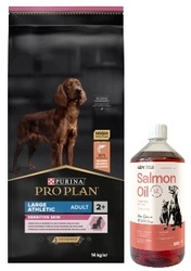 PRO PLAN Sensitive Skin Large Athletic Adult cibo per cani ricco di salmone 14kg & LAB V Olio di Salmone per cani e gatti 1000ml