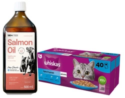WHISKAS Adult bustine 40 x 85 g Fishy Treats - cibo umido per gatti adulti in gelatina (pezzi con: salmone, tonno, merluzzo, pesce bianco) + LAB V Olio di salmone con maggior contenuto vitaminico 500ml