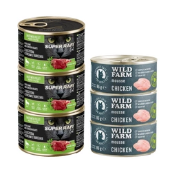 DOLINA NOTECI Super Rafi Cat P&F con selvaggina e cuori di pollo 3x185 g + WILD FARM Mousse Chicken 3x85g - mousse senza cereali per gatti