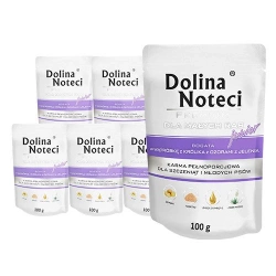 Dolina Noteci Premium per piccole razze Junior ricco di fegato di coniglio e coda di cervo Bustina 10x100g