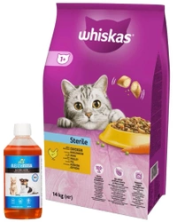 WHISKAS Cibo secco per gatti sterilizzati 1+ Sterile con pollo 14kg + LAB V Olio di Salmone per cani e gatti 500ml