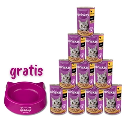 WHISKAS Cibo umido 1+ con pollo in salsa 10x400g + CIOTOLA PER GATTI GRATIS !!!