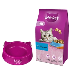 WHISKAS Cibo secco per gatti 1+ con tonno 14kg + CIOTOLA PER GATTI IN OMAGGIO!!!