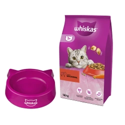 WHISKAS Cibo secco per gatti 1+ con manzo 14kg + CIOTOLA PER GATTI IN OMAGGIO!!!