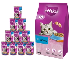 WHISKAS Cibo secco per gatti 1+ con tonno 14kg + 10xWHISKAS Cibo umido per gatti 1+ con tonno in gelatina 400g