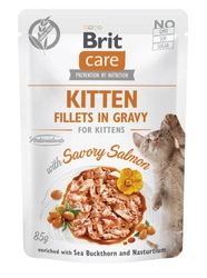 BRIT CARE Cat Kitten Filetti in salsa con salmone piccante  saporiti e arricchiti con olivello spinoso e nasturzio 85g