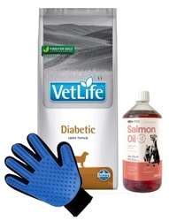 FARMINA Vet Life Dog Diabetic 12kg & LAB V Olio di Salmone per cani e gatti 1000ml + Guanto per pettinare il pelo di cane e gatto GRATIS!