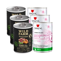 Disugual Alimento umido per cani Veterinario HYPOALLERGENIC  Coniglio (adulto) 3x400 g + Wild Farm Monoprotein Pork 3x400g Cibo ipoallergenico per cani.