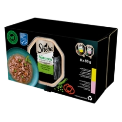 SHEBA Nature's Collection Selection of Flavours 8x85 g - alimento umido completo per gatti adulti, in salsa (pezzi con: pollo guarnito con peperoni rossi, salmone guarnito con piselli)