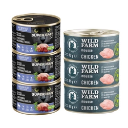 DOLINA NOTECI Super Rafi Cat P&F con quaglia e fegato di coniglio 3x185 g + WILD FARM Mousse Chicken 3x85g - mousse senza cereali per gatti