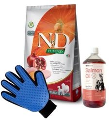 Farmina N&D Pumpkin Grain Free canine POLLO E MELOGRANO ADULT MEDIUM & MAXI 12kg & LAB V Olio di salmone per cani e gatti 1000ml + Guanto per pettinare il pelo di cane e gatto GRATIS!