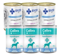 ENZO VET Dieta ipoallergenica ipoallergenica con coniglio per cani 3x400g + Calibra Veterinary Diets Dog Hypoallergenic Insetto e Salmone 3x400g