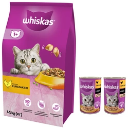 WHISKAS Cibo secco per gatti 1+ con pollo 14kg + 2xWHISKAS Cibo umido 1+ con pollo in salsa 400g