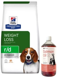 HILL'S PD Prescription Diet Canine r/d 10kg & LAB V Olio di Salmone per cani e gatti 1000ml