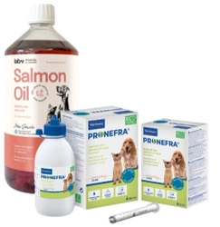 Virbac Pronefra 180ml & LAB V Olio di salmone per cani e gatti 1000ml