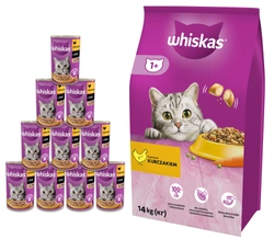 WHISKAS Cibo secco per gatti 1+ con pollo 14kg + 10xWHISKAS Adult 400g