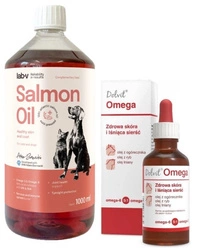 Dolfos Dolvit Omega 50ml + Lab-V Olio di Salmone 100% Per Cani e Gatti di Tutte le Età 1000 ml Pressato a Freddo