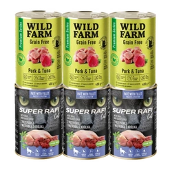 DOLINA NOTECI Super Rafi Cat P&F con quaglia e fegato di coniglio 3x400 g + WILD FARM Premium Grain Free Pork and Tuna 3x400g - cibo senza cereali per gatti