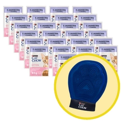 CAT CHOW Cibo per gattini con agnello e zucchine in salsa 26x85g + Guanto per grooming toelettatura - Cat Chow