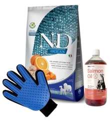 FARMINA N&D Ocean canine COD, PUMPKIN & ORANGE ADULT MEDIUM & MAXI 12kg & LAB V Olio di salmone per cani e gatti 1000ml + Guanto per pettinare il pelo di cane e gatto GRATIS!