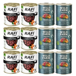 DOLINA NOTECI Cibo umido per cani Rafi Classic con selvaggina 6x800 g + WILD FARM Superfood Wild Boar (Selvaggina con patate dolci, mirtilli e erbe aromatiche) 6x800 g - Alimento senza cereali per cani