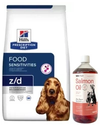 Hill's PD Prescrizione Dieta Canine z/d Sensibilità alimentari 10kg & LAB V Olio di Salmone per cani e gatti 1000ml