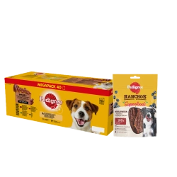 PEDIGREE Adult busta 40x100 g - Mix di Aromi in Gelatina - alimento umido completo in gelatina per cani adulti + PEDIGREE® Ranchos™ Superfoods con manzo, frutti di bosco e cereali integrali 70g IN OMAGGIO