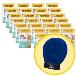 CAT CHOW Hairball Cibo per gatti con pollo e fagiolini in salsa 26x85g + Guanto per grooming toelettatura - Cat Chow