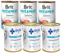 BRIT PATE E CARNE SALMONE 3x400g & ENZO VET Dieta ipoallergenica ipoallergenica con tacchino per cani 3x400g