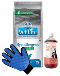 FARMINA Vet Life Dog Hypoallergenic Uovo&Riso 12kg & LAB V Olio di Salmone per cani e gatti 1000ml + Guanto per pettinare cane e gatto GRATIS!