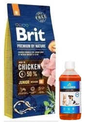 Brit Premium By Nature Junior M Con pollo 15kg + Lab v salmone olio per cani e gatti 500 ml