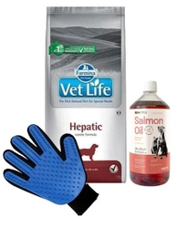 FARMINA Vet Life Dog Hepatic 12kg & LAB V Olio di Salmone per cani e gatti 1000ml + Guanto per pettinare il pelo di cane e gatto GRATIS!