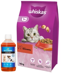 WHISKAS Cibo secco per gatti 1+ con manzo 14kg + LAB V Olio di Salmone per cani e gatti 500ml