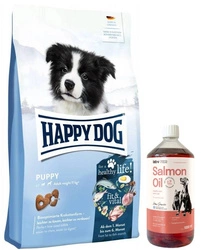 HAPPY DOG Fit & Vital Puppy, cibo secco, per cucciolo, 1-6 mesi, 10 kg & LAB V Olio di Salmone per cani e gatti 1000ml