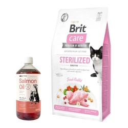 Brit Care Cat Grain-Free Sterilized Sensitive Con coniglio 7kg & LAB V Olio di Salmone per cani e gatti 1000ml