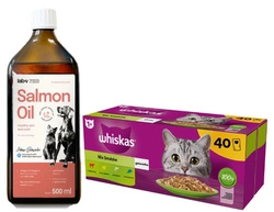 WHISKAS Adult bustine 40 x 85 g Gusti misti - cibo umido per gatti adulti in gelatina (tagli con: manzo, pollo, salmone, tonno) + LAB V Olio di salmone con maggior contenuto vitaminico 500ml