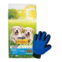 PURINA Friskies Junior con pollo latte e verdure 15kg + Guanto per pettinare il pelo del cane e del gatto GRATIS!