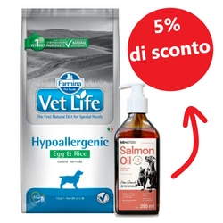 Farmina Vet Life Canine Hypoallergenic Egg&Rice 12kg + Olio di salmone 250ml - 5% di sconto